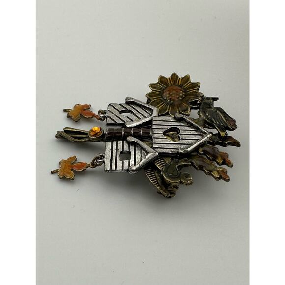 Vinyage Signed KC Kenneth Cole‎ Birdhouse Brooch Sunflower Leaves Bird Fall - Picture 4 of 8